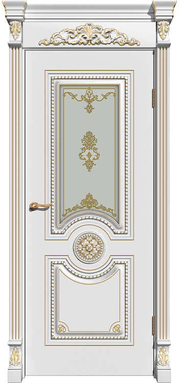 Дверь межкомнатная крашенная Олимп эмаль RAL9010 с патиной янтарь остеклённая (фотопечать)