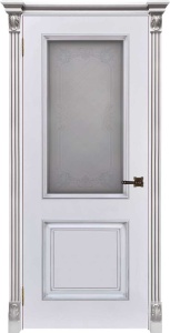 Дверь межкомнатная крашенная Багет-32 эмаль белая RAL9003 с патиной серебро остеклённая (сатинат белый с рисунком)