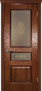 Дверь межкомнатная шпонированная Фрейм-03 дуб на багете патина шоколад (контурный витраж золото, стекло бронза)