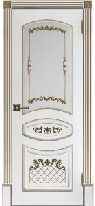 Дверь межкомнатная крашенная Алина эмаль белая RAL9003 с патиной золото остеклённая (сатинат белый с рисунком)