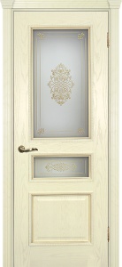 Дверь межкомнатная шпонированная Фрейм-03 ясень бисквит на багете патина карамель (контурный витраж золото, стекло белое)