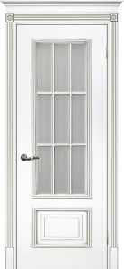 Дверь межкомнатная крашенная Смальта-08 эмаль белая RAL9003 патина серебро остеклённая (сатинат с УФ печать)