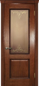 Дверь межкомнатная шпонированная Фрейм-02 дуб на багете патина шоколад (контурный витраж золото, стекло бронза)