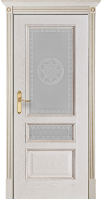 Дверь межкомнатная шпонированная (шпон натуральный) Вена белая патина тон 17 остекление сатина белый с рисунком «Версаче»