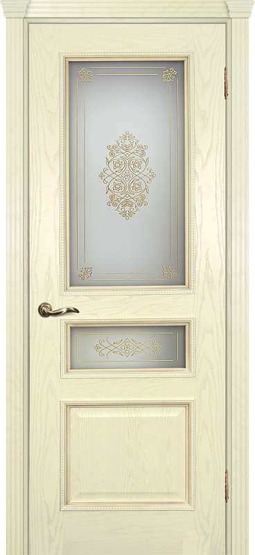 Дверь межкомнатная шпонированная Фрейм-03 ясень бисквит на багете патина карамель (контурный витраж золото, стекло белое)