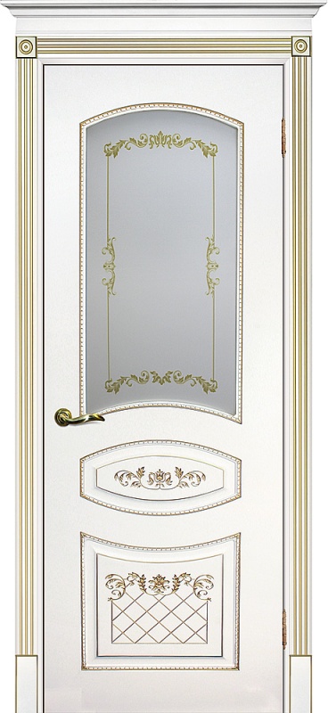 Дверь межкомнатная крашенная Смальта-05 эмаль белая RAL9003 патина золото остеклённая (сатинат с УФ печать)